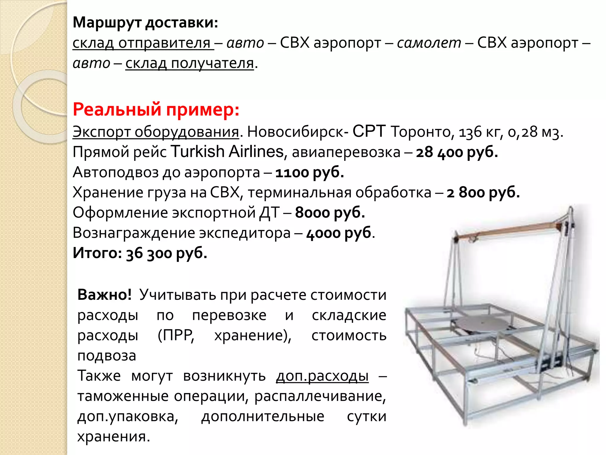 Маршрут доставки:
склад отправителя – авто – СВХ аэропорт – самолет – СВХ аэропорт –
авто – склад получателя.
Реальный пример:
Экспорт оборудования. Новосибирск- CPT Торонто, 136 кг, 0,28 м3.
Прямой рейс Turkish Airlines, авиаперевозка – 28 400 руб.
Автоподвоз до аэропорта – 1100 руб.
Хранение груза на СВХ, терминальная обработка – 2 800 руб.
Оформление экспортной ДТ – 8000 руб.
Вознаграждение экспедитора – 4000 руб.
Итого: 36 300 руб.
Важно! Учитывать при расчете стоимости
расходы по перевозке и складские
расходы (ПРР, хранение), стоимость
подвоза
Также могут возникнуть доп.расходы –
таможенные операции, распаллечивание,
доп.упаковка, дополнительные сутки
хранения.
 