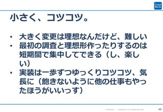 49Confidential Crowdworks, Inc. All Rights Reserved.
小さく、コツコツ。
• 大きく変更は理想なんだけど、難しい
• 最初の調査と理想形作ったりするのは
短期間で集中してできる（し、楽し
い）
• 実装は一歩ずつゆっくりコツコツ、気
長に（飽きないように他の仕事もやっ
たほうがいいっす）
 