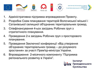 1. Адміністративна підтримка впровадження Проекту.
2. Розробка Схем планування територій Волочиської міської і
Сатанівської селищної об'єднаних територіальних громад.
3. Співфінансування 4-ьох засідань Робочих груп з
стратегічного планування.
4. Проведення 2-х засідань Робочих груп з просторового
планування.
5. Проведення Заключної конференції «Від утворення
об’єднаних територіальних громад – до розумного
зростання» за участі Прем'єр-міністра України.
6. Впровадження 2-місячного компоненту “Підтримка
регіонального розвитку в Україні”.
 