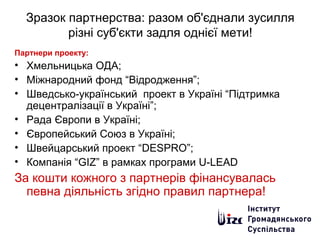 Зразок партнерства: разом об'єднали зусилля
різні суб'єкти задля однієї мети!
Партнери проекту:
• Хмельницька ОДА;
• Міжнародний фонд “Відродження”;
• Шведсько-український проект в Україні “Підтримка
децентралізації в Україні”;
• Рада Європи в Україні;
• Європейський Союз в Україні;
• Швейцарський проект “DESPRO”;
• Компанія “GIZ” в рамках програми U-LEAD
За кошти кожного з партнерів фінансувалась
певна діяльність згідно правил партнера!
 