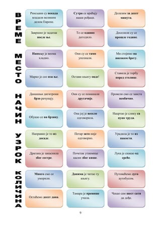 9
Долазим за десет
минута.
Римљани су некада
владали великим
делом Европе.
Сутра се враћају
наши рођаци.
Завршио је задатак
после ње.
То се одавно
догодило.
Доселили су се
прошле године.
Ми стојимо на
високом брегу.
Напољу је веома
хладно.
Они су се тамо
упознали.
Марко је сео иза ње. Остави књигу овде!
Ставила је торбу
поред столице.
Провели смо се заиста
необично.
Данашњи дигитрони
брзо рачунају.
Они су се понашали
другачије.
Обукао се на брзину.
Она јој је весело
одговорила.
Нацртао је слику са
пуно труда.
Урадила је то из
пакости.
Направио је то из
досаде.
Петар зато није
одговорио.
Драгана је закаснила
због сестре.
Почетак утакмице
касни због кише.
Лука је скакао од
среће.
Путоваћемо дуго
аутобусом.
Много смо се
уморили.
Данима је читао ту
књигу.
Остаћемо десет дана.
Тамара је превише
учила.
Чекао сам шест сати
да дође.
 