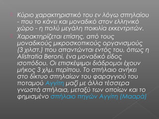  Κύριο χαρακτηριστικό του εν λόγω σπηλαίου
- που το κάνει και μοναδικό στον ελληνικό
χώρο - η πολύ μεγάλη ποικιλία εκκεντριτών.
 Χαρακτηρίζεται επίσης, από τους
μοναδικούς μικροσκοπικούς οργανισμούς
(3 χιλστ.) που απαντώνται εντός του, όπως η
Alistratia Beroni, ένα μοναδικό είδος
ισοπόδου. Οι επισκέψιμοι διάδρομοι έχουν
μήκος 3 χλμ. περίπου. Το σπήλαιο ανήκει
στο δίκτυο σπηλαίων του φαραγγιού του
ποταμού Αγγίτη μαζί με άλλα τέσσερα
γνωστά σπήλαια, μεταξύ των οποίων και το
φημισμένο σπήλαιο πηγών Αγγίτη (Μααρά)
 