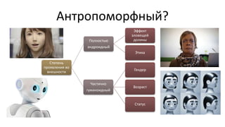 Антропоморфный?
Степень
проявления во
внешности
Полностью
андроидный
Эффект
зловещей
долины
Этика
Частично
гуманоидный
Гендер
Возраст
Статус
 