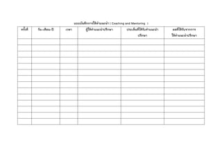 แบบบันทึกการให้คาแนะนา ( Coaching and Mentoring )
ครั้งที่ วัน-เดือน-ปี เวลา ผู้ให้คาแนะนาปรึกษา ประเด็นที่ได้รับคาแนะนา
ปรึกษา
ผลที่ได้รับจากการ
ให้คาแนะนาปรึกษา
 