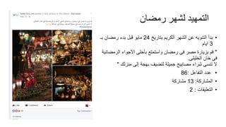 ‫رمضان‬ ‫لشهر‬ ‫التمهيد‬
•‫بتاريخ‬ ‫الكريم‬ ‫الشهر‬ ‫عن‬ ‫التنويه‬ ‫بدأ‬24‫بـ‬ ‫رمضان‬ ‫بدء‬ ‫قبل‬ ‫مايو‬
3‫ايام‬
"‫الرمض‬ ‫األجواء‬ ‫بأحلى‬ ‫واستمتع‬ ‫رمضان‬ ‫فى‬ ‫مصر‬ ‫بزيارة‬ ‫قم‬‫انية‬
‫الخليلى‬ ‫خان‬ ‫فى‬.
‫منزلك‬ ‫إلى‬ ‫بهجة‬ ‫لتضيف‬ ‫جميلة‬ ‫مصابيح‬ ‫شراء‬ ‫تنسى‬ ‫ال‬"
•‫التفاعل‬ ‫عدد‬:86
•‫المشاركة‬:13‫مشاركة‬
•‫التعليقات‬:2
 