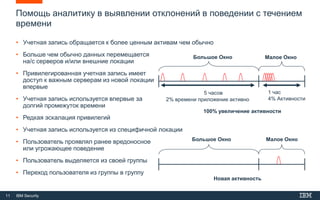 11 IBM Security
Помощь аналитику в выявлении отклонений в поведении с течением
времени
• Учетная запись обращается к более ценным активам чем обычно
• Больше чем обычно данных перемещается
на/с серверов и/или внешние локации
• Привилегированная учетная запись имеет
доступ к важным серверам из новой локации
впервые
• Учетная запись используется впервые за
долгий промежуток времени
• Редкая эскалация привилегий
• Учетная запись используется из специфичной локации
• Пользователь проявлял ранее вредоносное
или угрожающее поведение
• Пользователь выделяется из своей группы
• Переход пользователя из группы в группу
Большое Окно Малое Окно
5 часов
2% времени приложение активно
1 час
4% Активности
100% увеличение активности
Большое Окно Малое Окно
Новая активность
 