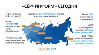 Офисы во всех ФО России, а также
в Казахстане и Беларуси.
Более 1700
клиентов в 12
странах мира
11 лет на рынке
DLP, 21 год в IT
Более
1 000 000 ПК
под контролем
«КИБ
СёрчИнформ»
10 уголовных дел
выиграно клиентами
против инсайдеров
«СЁРЧИНФОРМ» СЕГОДНЯ
«КИБ
СёрчИнформ»
включен в Реестр
отечественного ПО
В 2017 году
«КИБ СёрчИнформ»
вошел в «магический
квадрант» Gartner
 