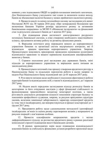 14
наявних у них індексованих ОВДП та графіків погашення зовнішніх запозичень.
Для Національного банку узагальнити такі плани та визначити шляхи виходу
банків на збалансовані валютні баланси у межах прийнятного валютного ризику.
4. Провести аналіз та оцінку потенційного впливу застосування усіх вимог
Постанови №351 від 30 червня 2016 року «Про затвердження Положення про
визначення банками України розміру кредитного ризику за активними
банківськими операціями» та МСФЗ 9 «Фінансові інструменти» на фінансовий
стан та результати діяльності банків до 1 жовтня 2017 року.
5. Для підвищення рівня достатності довгострокового ресурсного
потенціалу банківської системи, а отже створення необхідного інвестиційного
клімату, продовжити активну роботу по розвитку фінансових ринків.
6. Впродовж поточного року впровадити вимоги до корпоративного
управління банками та організації систем внутрішнього контролю, які б
відповідали кращим практикам корпоративного управління. Зокрема,
Проаналізувати можливість прискорення проведення оцінювання колективної
відповідності правління та вищого керівництва відповідним кваліфікаційним
вимогам у банках.
7. Сприяти посиленню ролі наглядових рад державних банків, зміні
підходів до корпоративного управління та вирішення цього питання на
законодавчому рівні.
8. Проаналізувати поточний стан процесу створення кредитного реєстру в
Національному банку та подальших перспектив роботи в цьому напрямі та
надати Раді Національного банку відповідний звіт до 01 вересня 2017 року.
9. Розглянути питання щодо необхідності посилення ефективності роботи
кураторів банків та відповідальних осіб, а також їх відповідальності, до 1 вересня
2017 року.
10. Надати аналіз передумов застосування підходу розподілу банків за
категоріями та його очікуваних наслідків у сфері фінансової стабільності та
функціонування трансмісійного механізму монетарної політики, а також
розглянути доцільність розширення кількості показників структури балансу та
показників професійного судження, зокрема, за рахунок врахування структури
пасивів, величини зовнішньої заборгованості, характеру концентрації кредитів
(у тому числі інсайдерських), що використовуються в процесі кластеризації до 1
грудня 2017 року.
11. Продовжити роботу щодо удосконалення методології ідентифікації
інсайдерських зв’язків та оцінок ризику перетворення активів у непрацюючі за
рахунок операцій з пов’язаними особами.
12. Провести класифікацію непрацюючих кредитів з метою
диференційованого підходу до розчистки кредитного ринку в рамках реалізації
комплексної стратегії підвищення якості банківських активів.
13. В рамках законодавчих норм щодо підвищення відповідальності
власників банків за стабільність фінансових установ розробити пропозиції щодо
 