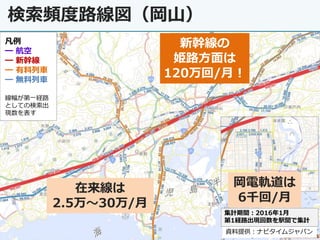 46
検索頻度路線図（岡山）
集計期間：2016年1月
第1経路出現回数を駅間で集計
凡例
━ 航空
━ 新幹線
━ 有料列車
━ 無料列車
線幅が第一経路
としての検索出
現数を表す
資料提供：ナビタイムジャパン
新幹線の
姫路方面は
120万回/月！
岡電軌道は
6千回/月
在来線は
2.5万～30万/月
 