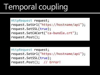 Temporal coupling
HttpRequest request;
request.SetUrl("https://hostname/api");
request.SetSSL(true);
request.SetCACert("ca-bundle.crt");
request.Post();
HttpRequest request;
request.SetUrl("https://hostname/api");
request.SetSSL(true);
request.Post(); // Error!
 
