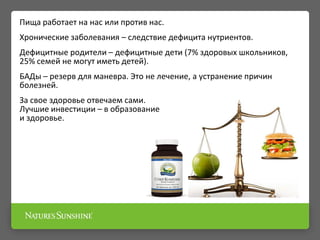 Пища работает на нас или против нас.
Хронические заболевания – следствие дефицита нутриентов.
Дефицитные родители – дефицитные дети (7% здоровых школьников,
25% семей не могут иметь детей).
БАДы – резерв для маневра. Это не лечение, а устранение причин
болезней.
За свое здоровье отвечаем сами.
Лучшие инвестиции – в образование
и здоровье.
 