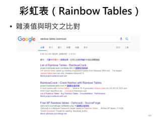 彩虹表（Rainbow Tables）
• 雜湊值與明文之比對
64
 