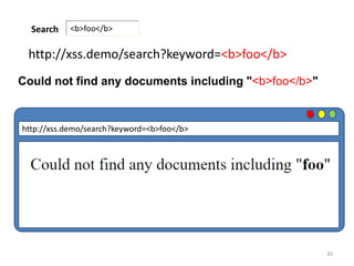 30
<b>foo</b>Search
http://xss.demo/search?keyword=<b>foo</b>
Could not find any documents including "<b>foo</b>"
http://xss.demo/search?keyword=<b>foo</b>
 