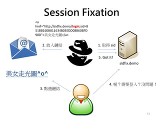 53
sidfix.demo
1. 取得 sid2. 放入鏈結
<a
href="http://sidfix.demo/login;sid=8
51BB160B811634B03EDD08B60BFD
98D">美女走光圖</a>
美女走光圖^o^
3. 點選鏈結
4. 喔？需要登入？沒問題！
5. Got it!
Session Fixation
 