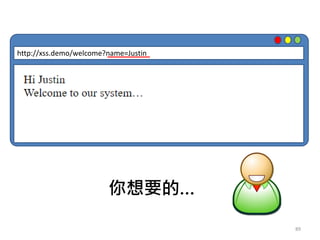 89
http://xss.demo/welcome?name=Justin
你想要的…
 