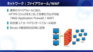 ネットワーク：ファイアウォール/WAF
▌通常のファイアウォールに加え、
HTTPトラフィックをモニタして攻撃をブロック可能
（Web Application Firewall / WAF）
▌自社製 L7 ロードバランサーにてルール追加
▌Struts の脆弱性対応時に活用
 