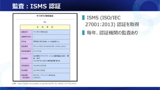 監査：ISMS 認証
▌ISMS (ISO/IEC
27001:2013) 認証を取得
▌毎年、認証機関の監査あり
出典：http://www.isms.jipdec.or.jp/lst/ind/CR_IS_x0020_577142.html
 