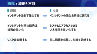 再掲：原則と方針
▌原則
インシデントは必ず発生する
インシデント対策の目的は、
被害の最小化
リスクは変動する
▌方針
インシデントの発生を前提に備える
システムにアクセスできる
人と権限を最小化する
常に情報を収集し、対策を更新する
 