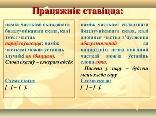 Працяжнік ставіцца:Працяжнік ставіцца:
паміж часткамі складанага
бяззлучнікавага сказа, калі
змест частак
параўноўваецца; паміж
часткамі можна ўставіць
злучнікі як (быццам).
Слова сказаў – сякераю адсёк
Схема сказа:
[ ] – [ ].
паміж часткамі складанага
бяззлучнікавага сказа, калі
апошняя частка з’яўляецца
абагульняльнай да
папярэдніх; перад апошняй
часткай можна ўставіць
слова гэта.
Пасееш у пару – будзеш
мець хлеба гару.
Схема сказа:
[ ] – [ ].
 