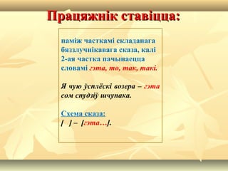 Працяжнік ставіцца:Працяжнік ставіцца:
паміж часткамі складанага
бяззлучнікавага сказа, калі
2-ая частка пачынаецца
словамі гэта, то, так, такі.
Я чую ўсплёскі возера – гэта
сом спудзіў шчупака.
Схема сказа:
[ ] – [гэта…].
 