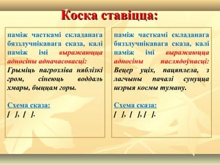 Коска ставіцца:Коска ставіцца:
паміж часткамі складанага
бяззлучнікавага сказа, калі
паміж імі выражаюцца
адносіны адначасовасці:
Грыміць пагрозліва няблізкі
гром, сінеюць воддаль
хмары, быццам горы.
Схема сказа:
[ ], [ ].
паміж часткамі складанага
бяззлучнікавага сказа, калі
паміж імі выражаюцца
адносіны паслядоўнасці:
Вецер уціх, пацяплела, з
лагчыны пачалі сунуцца
шэрыя космы туману.
Схема сказа:
[ ], [ ], [ ].
 