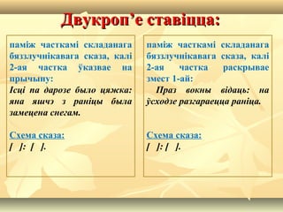 Двукроп’е ставіцца:Двукроп’е ставіцца:
паміж часткамі складанага
бяззлучнікавага сказа, калі
2-ая частка ўказвае на
прычыну:
Ісці па дарозе было цяжка:
яна яшчэ з раніцы была
замецена снегам.
Схема сказа:
[ ]: [ ].
паміж часткамі складанага
бяззлучнікавага сказа, калі
2-ая частка раскрывае
змест 1-ай:
Праз вокны відаць: на
ўсходзе разгараецца раніца.
Схема сказа:
[ ]: [ ].
 