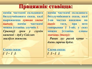 Працяжнік ставіцца:Працяжнік ставіцца:
паміж часткамі складанага
бяззлучнікавага сказа, калі
выражаецца хуткая змена
падзей; паміж часткамі
можна ўставіць злучнік і.
Грымнуў гром у глухім
каменні – дуб у Свіслач
зваліўся знямелы.
Схема сказа:
[ ] – [ ].
паміж часткамі складанага
бяззлучнікавага сказа, калі
2-ая частка паказвае на
вынік таго, пра што
гаворыцца ў 1-ай; у сказ
можна ўставіць словы
значыць (таму):
Ранак луг расой купае –
дзень гарачы будзе.
Схема сказа:
[ ] – [ ].
 
