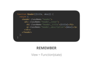 function Header({title, desc}) {
return (
<header className="header">
<div className="header__inner">
<h1 className="header__title">{title}</h1>
<p className="header__description">{desc}</p>
</div>
</header>
);
}
View = Function(state)
REMEMBER
 