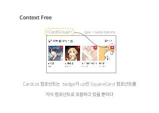 Context Free
<CardGroup/>
CardList 컴포넌트는 badge가 up인 SquareCard 컴포넌트를
자식 컴포넌트로 포함하고 있을 뿐이다
type = subscriptions
 