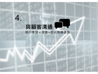 與顧客溝通
4.
客戶意見＋搜集=把劣勢轉優勢
 