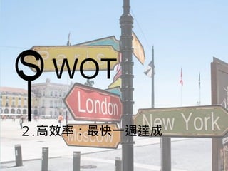 S WOT
２.高效率：最快一週達成
 