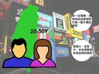 20-50Y
具一定規模、想
做自由品牌卻對
行銷一竅不通的
客群
規模小，成長
中，未來想要做
自有品牌的客群
 