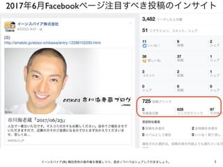 1イーンスパイア(株) 横田秀珠の著作権を尊重しつつ、是非ノウハウはシェアして行きましょう。
2017年6月Facebookページ注目すべき投稿のインサイト
 