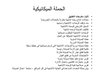 ‫الحملة‬‫الميكانيكية‬
•‫ثانيا‬:‫التطبيق‬ ‫مخرجات‬
•‫المفروضة‬ ‫بالمعدالت‬ ‫مقارنة‬ ‫انتاجية‬ ‫وحدة‬ ‫انتاج‬ ‫معدالت‬
•‫واسبابها‬ ‫االنتاجية‬ ‫الوحدات‬ ‫توقف‬ ‫مدد‬
•‫االنتاجية‬ ‫للوحدة‬ ‫التاريخى‬ ‫السجل‬
•‫انتاجية‬ ‫لوحدة‬ ‫الصيانة‬ ‫تكاليف‬
•‫صيانتها‬ ‫المطلوب‬ ‫االنتاجية‬ ‫الوحدات‬
•‫العمل‬ ‫عن‬ ‫المتوقفة‬ ‫االنتاجية‬ ‫الوحدات‬
•‫السنوية‬ ‫الصيانة‬ ‫خطة‬
•‫الدورية‬ ‫الصيانة‬ ‫خطة‬
•‫سابقة‬ ‫خطط‬ ‫فى‬ ‫صيانتها‬ ‫يتم‬ ‫لم‬ ‫التى‬ ‫االنتاجية‬ ‫للوحدات‬ ‫دورية‬ ‫صيانة‬ ‫خطة‬
•‫رئيسية‬ ‫لصيانة‬ ‫غيارالزمة‬ ‫قطع‬ ‫طلبية‬
•‫طارئة‬ ‫لصيانة‬ ‫الزمة‬ ‫غيار‬ ‫قطع‬ ‫طلبية‬
•‫الغيار‬ ‫قطع‬ ‫من‬ ‫السنوية‬ ‫االحتياجات‬
•‫سنوية‬ ‫صيانة‬ ‫خطة‬ ‫تنفيذ‬ ‫نجاح‬ ‫تقرير‬
•‫االدارة‬ ‫باعمال‬ ‫القائمين‬ ‫بانجازات‬ ‫تقرير‬
•‫االنتاجية‬ ‫للوحدة‬ ‫فنية‬ ‫صالحية‬ ‫تقرير‬
•‫المواقع‬ ‫كل‬ ‫فى‬ ‫االنتاجية‬ ‫العملية‬ ‫فى‬ ‫المساعدة‬ ‫المعدات‬ ‫بحالة‬ ‫بيان‬–‫متابعة‬‫الص‬ ‫اعمال‬‫يانة‬
 