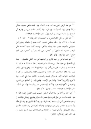 99
312
‫الرمح‬ ‫عبد‬ ‫هو‬‫احمللي‬ ‫ن‬(9614‫ـ‬‫ه‬=964,‫م‬):‫سكن‬ ،‫مصري‬ ‫شافعي‬ ‫فقيه‬
‫فيها‬ ‫وتويف‬ ‫دمياط‬.‫منها‬ ،‫ورسائل‬ ‫لفات‬‫ؤ‬‫م‬ ‫له‬(‫أيب‬ ‫ح‬‫وشر‬ ‫منت‬ ‫عن‬ ‫القناع‬ ‫كشف‬
‫شجاع‬)‫و‬(‫البيضاوي‬ ‫تفسري‬ ‫على‬ ‫حاشية‬.)‫انظر‬(‫األعالم‬:2/232)
316
‫هو‬‫الدين‬ ‫نور‬ ،‫الضياء‬ ‫أبو‬ ،‫املسي‬‫رب‬‫الش‬ ‫علي‬ ‫بن‬ ‫علي‬(11,-964,‫ـ‬‫ه‬=
9244-96,6‫م‬):‫مصري‬ ‫شافعي‬ ‫فقيه‬.‫أهل‬ ‫وهومن‬ ‫لته‬‫و‬‫طف‬ ‫يف‬ ‫بصره‬ ‫كف‬
‫مبصر‬ ،‫بية‬‫ر‬‫بالغ‬ ‫املس‬‫رب‬‫ش‬)‫تعلم‬‫باألزهر‬ ‫وعلم‬.‫منها‬ ،‫كتبا‬ ‫وصنف‬"‫حاشي‬‫على‬ ‫ة‬
‫للقسطالين‬ ‫اللدنية‬ ‫اهب‬‫و‬‫امل‬"‫و‬"‫الشمائل‬ ‫على‬ ‫حاشية‬"‫و‬"‫هناية‬ ‫على‬ ‫حاشية‬
‫احملتاج‬."‫انظر‬(‫األعالم‬:1/291)
31,
‫الكرمي‬ ‫عبد‬ ‫بن‬ ‫الرمحن‬ ‫عبد‬ ‫هو‬‫املقصري‬ ‫الغييي‬ ‫ياد‬‫ز‬ ‫ابن‬ ،‫اهيم‬‫ر‬‫إب‬ ‫بن‬-‫نسبة‬
‫عدنان‬ ‫بن‬ ‫عك‬ ‫بطون‬ ‫من‬ ‫املقاصرة‬ ‫إىل‬-‫الضياء‬ ‫أبو‬(166-1,2‫ـ‬‫ه‬=9111
-9264‫م‬):‫ووفاة‬ ‫لدا‬‫و‬‫م‬ ،‫بيد‬‫ز‬ ‫أهل‬ ‫من‬ ،‫شافعي‬ ‫فقيه‬.‫اشتهر‬‫و‬ ‫أفىت‬‫و‬ ‫تفقه‬.‫كف‬‫و‬
‫سنة‬ ‫بصره‬161‫التصنيف‬‫و‬ ‫اإلفتاء‬‫و‬ ‫يس‬‫ر‬‫التد‬ ‫يف‬ ‫عادته‬ ‫على‬ ‫فاستمر‬ ‫ـ‬‫ه‬.‫كتبه‬‫من‬:
‫و‬ ،‫الفتاوي‬‫أل‬ ‫احملرر‬ ‫اب‬‫و‬‫اجل‬‫و‬ ،‫املخدر‬‫و‬ ‫املنشط‬ ‫حكام‬‫إ‬‫عند‬ ‫اليدين‬ ‫رفع‬ ‫سنة‬ ‫ثبات‬
‫اإل‬‫و‬ ،‫كعتني‬‫الر‬ ‫من‬ ‫القيام‬‫و‬ ‫االعتدال‬‫و‬ ‫كوع‬‫الر‬‫و‬ ‫ام‬‫ر‬‫ح‬‫يف‬ ‫املبني‬ ‫فتح‬‫أ‬،‫املدين‬ ‫ع‬‫ترب‬ ‫حكام‬
‫ا‬ ‫يف‬ ‫النخبة‬‫و‬‫أل‬‫األ‬‫و‬ ،‫الصحبة‬‫و‬ ‫طوة‬‫و‬ ‫بالبسملة‬ ‫اجلهر‬ ‫يف‬ ‫اضحة‬‫و‬‫ال‬ ‫دلة‬‫أ‬‫الفاحتة‬ ‫من‬ ‫هنا‬.
‫انظر‬(‫األعالم‬:2/299‫لفني‬‫ؤ‬‫امل‬ ‫معجم‬ ،:2/916)
314
‫القليويب‬ ‫الدين‬ ‫شهاب‬ ،‫العباس‬ ‫أبو‬ ،‫سالمة‬ ‫بن‬ ‫أمحد‬ ‫بن‬ ‫أمحد‬ ‫هو‬(‫ت‬:9661
‫ـ‬‫ه‬):‫قليوب‬ ‫أهل‬ ‫من‬ ،‫متأدب‬ ‫فقيه‬(‫مصر‬ ‫يف‬)‫يف‬ ‫كتاب‬‫و‬ ،‫ورسائل‬ ‫وشروح‬ ‫اش‬‫و‬‫ح‬ ‫له‬
‫البيت‬ ‫أهل‬ ‫من‬ ‫مجاعة‬ ‫اجم‬‫ر‬‫ت‬‫مساه‬(‫اغب‬‫ر‬‫ال‬ ‫حتفة‬)‫و‬(‫القليويب‬ ‫تذكرة‬)‫و‬(‫مكة‬ ‫فضائل‬
‫املدينة‬‫و‬‫تارخيها‬ ‫من‬ ‫وشئ‬ ‫املقدس‬ ‫وبيت‬)‫و‬(‫احلجاز‬ ‫مقاصد‬ ‫بيان‬ ‫يف‬ ‫اللطيفة‬ ‫النبذة‬
‫يفة‬‫ر‬‫الش‬ ‫ومعامله‬)‫و‬(‫لطيفة‬ ‫اق‬‫ر‬‫أو‬)‫و‬(‫من‬ ‫القبلة‬‫و‬ ‫الوقت‬ ‫معرفة‬ ‫يف‬ ‫الضاللة‬ ‫من‬ ‫اهلداية‬
‫آلة‬ ‫غري‬.)‫انظر‬(‫األعالم‬:9/13)
 