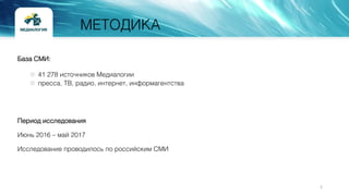 МЕТОДИКА
2
База СМИ:
41 278 источников Медиалогии
пресса, ТВ, радио, интернет, информагентства
Период исследования
Июнь 20...