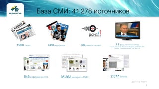 35 362 интернет-СМИ545информагентств 2 577 блогов
Данные на 19.06.17
529журналов1980 газет 11фед.телеканалов
1 канал, Росс...