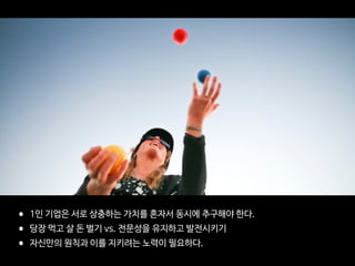 •1인 기업은 서로 상충하는 가치를 혼자서 동시에 추구해야 한다.

•당장 먹고 살 돈 벌기 vs. 전문성을 유지하고 발전시키기

•자신만의 원칙과 이를 지키려는 노력이 필요하다.
 