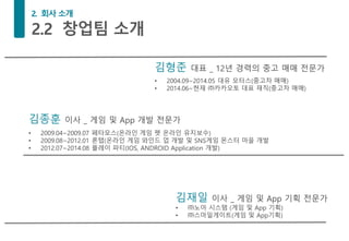 김형준 대표 _ 12년 경력의 중고 매매 전문가
• 2004.09~2014.05 대유 모터스(중고차 매매)
• 2014.06~현재 ㈜카카오토 대표 재직(중고차 매매)
김종훈 이사 _ 게임 및 App 개발 전문가
• 2009.04~2009.07 페타모스(온라인 게임 펫 온라인 유지보수)
• 2009.08~2012.01 론탭(온라인 게임 와인드 업 개발 및 SNS게임 몬스터 마을 개발
• 2012.07~2014.08 플레이 파티(IOS, ANDROID Application 개발)
김재일 이사 _ 게임 및 App 기획 전문가
• ㈜노아 시스템 (게임 및 App 기획)
• ㈜스마일게이트(게임 및 App기획)
 
