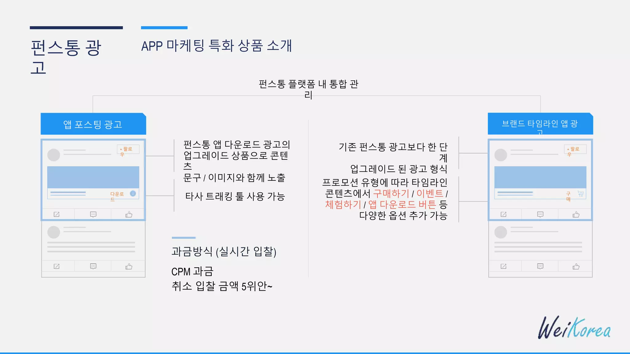 펀스통 광
고
APP 마케팅 특화 상품 소개
+ 팔로
우
다운로
드
앱 포스팅 광고
펀스통 앱 다운로드 광고의
업그레이드 상품으로 콘텐
츠
문구 / 이미지와 함께 노출
타사 트래킹 툴 사용 가능
+ 팔로
우
구
매
브랜드 타임라인 앱 광
고
기존 펀스통 광고보다 한 단
계
업그레이드 된 광고 형식
프로모션 유형에 따라 타임라인
콘텐츠에서 구매하기 / 이벤트 /
체험하기 / 앱 다운로드 버튼 등
다양한 옵션 추가 가능
펀스통 플랫폼 내 통합 관
리
과금방식 (실시간 입찰)
CPM 과금
취소 입찰 금액 5위안~
 