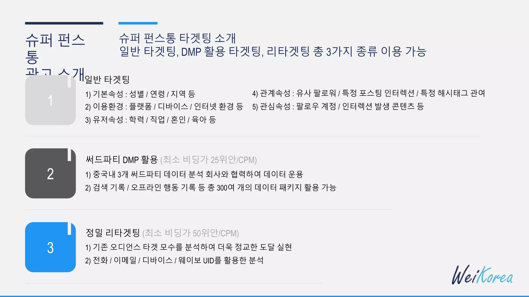 슈퍼 펀스
통
광고 소개
슈퍼 펀스통 타겟팅 소개
일반 타겟팅, DMP 활용 타겟팅, 리타겟팅 총 3가지 종류 이용 가능
일반 타겟팅
1
써드파티 DMP 활용 (최소 비딩가 25위안/CPM)
2
정밀 리타겟팅 (최소 비딩가 50위안/CPM)
3
1) 기본속성 : 성별 / 연령 / 지역 등
2) 이용환경 : 플랫폼 / 디바이스 / 인터넷 환경 등
3) 유저속성 : 학력 / 직업 / 혼인 / 육아 등
4) 관계속성 : 유사 팔로워 / 특정 포스팅 인터렉션 / 특정 해시태그 관여
5) 관심속성 : 팔로우 계정 / 인터렉션 발생 콘텐츠 등
1) 중국내 3개 써드파티 데이터 분석 회사와 협력하여 데이터 운용
2) 검색 기록 / 오프라인 행동 기록 등 총 300여 개의 데이터 패키지 활용 가능
1) 기존 오디언스 타겟 모수를 분석하여 더욱 정교한 도달 실현
2) 전화 / 이메일 / 디바이스 / 웨이보 UID를 활용한 분석
 