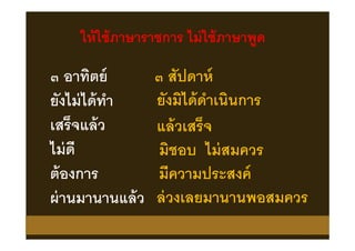 ให้ใช้ภาษาราชการ ไม่ใช้ภาษาพูดให้ใช้ภาษาราชการ ไม่ใช้ภาษาพูด
๓ อาทิตย์
ยังไม่ได้ทํา
เสร็จแล้ว
ไม่ดี
ต้องการ
ผ่านมานานแล้ว
๓ สัปดาห์
ยังมิได้ดําเนินการ
แล้วเสร็จ
มิชอบ ไม่สมควร
มีความประสงค์
ล่วงเลยมานานพอสมควร
 