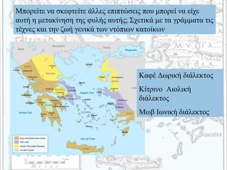 Μπορείτε να σκεφτείτε άλλες επιπτώσεις που μπορεί να είχε
αυτή η μετακίνηση της φυλής αυτής; Σχετικά με τα γράμματα τις
τέχνες και την ζωή γενικά των ντόπιων κατοίκων
Καφέ Δωρική διάλεκτος
Κίτρινο Αιολική
διάλεκτος
Μωβ Ιωνική διάλεκτος
 