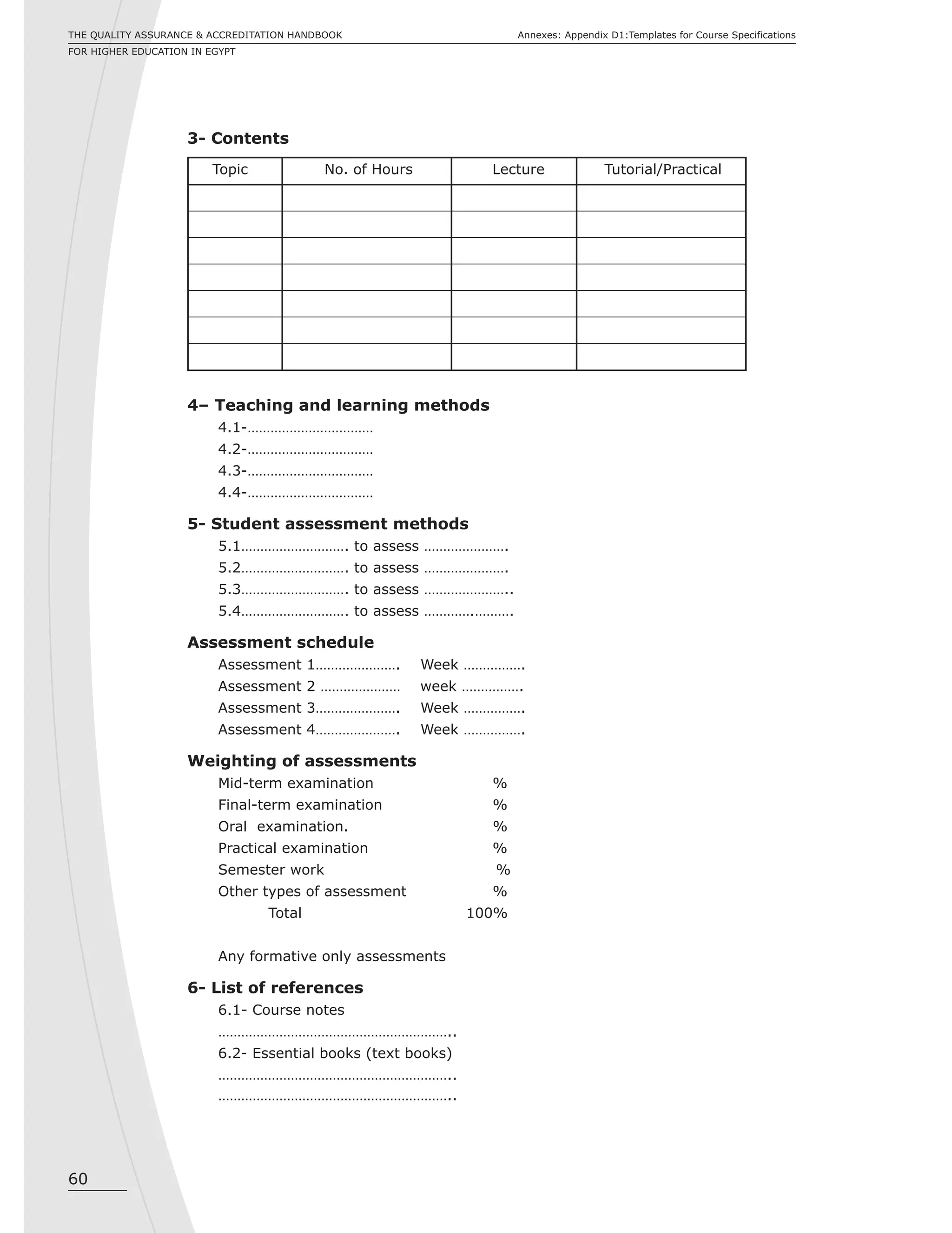 60
Annexes: Appendix D1:Templates for Course SpecificationsTHE QUALITY ASSURANCE & ACCREDITATION HANDBOOK
FOR HIGHER EDUCATION IN EGYPT
3- Contents
Topic No. of Hours Lecture Tutorial/Practical
4– Teaching and learning methods
4.1-……………………………
4.2-……………………………
4.3-……………………………
4.4-……………………………
5- Student assessment methods
5.1………………………. to assess ………………….
5.2………………………. to assess ………………….
5.3………………………. to assess …………………..
5.4………………………. to assess ………….……….
Assessment schedule
Assessment 1…………………. Week …………….
Assessment 2 ………………… week …………….
Assessment 3…………………. Week …………….
Assessment 4…………………. Week …………….
Weighting of assessments
Mid-term examination %
Final-term examination %
Oral examination. %
Practical examination %
Semester work %
Other types of assessment %
Total 100%
Any formative only assessments
6- List of references
6.1- Course notes
……………………………………………………..
6.2- Essential books (text books)
……………………………………………………..
……………………………………………………..
 