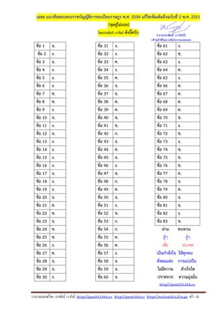 รวบรวมเผยแพรโดย ประพันธ เวารัมย http://pun2013.bth.cc http://pun9.bth.cc http://valrom2012.fix.gs หนา 21
เฉลย แนวข้อสอบพระราชบัญญัติการทะเบียนราษฎร พ.ศ. 2534 แก้ไขเพิ่มเติมถึงฉบับที่ 2 พ.ศ. 2551
(ชุดสู่ไม่ถอย)
โดยประพันธ์ เวารัมย์ ดังนี้ครับ
ข้อ 1 จ. ข้อ 31 ง. ข้อ 61 ง.
ข้อ 2 ง. ข้อ 32 ง. ข้อ 62 ข.
ข้อ 3 จ. ข้อ 33 ค. ข้อ 63 ง.
ข้อ 4 ง. ข้อ 34 ง. ข้อ 64 ค.
ข้อ 5 ง. ข้อ 35 ค. ข้อ 65 ง.
ข้อ 6 ง. ข้อ 36 จ. ข้อ 66 ค.
ข้อ 7 ข. ข้อ 37 จ. ข้อ 67 ค.
ข้อ 8 ข. ข้อ 38 ค. ข้อ 68 ค.
ข้อ 9 ง. ข้อ 39 ค. ข้อ 69 ค.
ข้อ 10 จ. ข้อ 40 ข. ข้อ 70 ข.
ข้อ 11 ง. ข้อ 41 ข. ข้อ 71 ง.
ข้อ 12 จ. ข้อ 42 ก. ข้อ 72 ข.
ข้อ 13 ง. ข้อ 43 จ. ข้อ 73 ง.
ข้อ 14 ง. ข้อ 44 ค. ข้อ 74 ข.
ข้อ 15 ง. ข้อ 45 จ. ข้อ 75 ข.
ข้อ 16 ง. ข้อ 46 ง. ข้อ 76 ข.
ข้อ 17 จ. ข้อ 47 ข. ข้อ 77 ค.
ข้อ 18 ง. ข้อ 48 ก. ข้อ 78 จ.
ข้อ 19 ง. ข้อ 49 ค. ข้อ 79 ค.
ข้อ 20 จ. ข้อ 50 จ. ข้อ 80 จ.
ข้อ 21 ค. ข้อ 51 ง. ข้อ 81 จ.
ข้อ 22 ข. ข้อ 52 ข. ข้อ 82 ง.
ข้อ 23 จ. ข้อ 53 ก. ข้อ 83 ข.
ข้อ 24 ข. ข้อ 54 ก. อ่าน ทบทวน
ข้อ 25 ข. ข้อ 55 ค. สู้ๆ สู้ๆ
ข้อ 26 ง. ข้อ 56 ค. เพื่อ อนาคต
ข้อ 27 ค. ข้อ 57 ง. เป็นกําลังใจ ให้ทุกคน
ข้อ 28 จ. ข้อ 58 จ. สังคมแห่ง การแบ่งปัน
ข้อ 29 จ. ข้อ 59 จ. ไม่มีความ สําเร็จใด
ข้อ 30 ง. ข้อ 60 จ. ปราศจาก ความมุ่งมั่น
http://pun2013.bth.cc
 