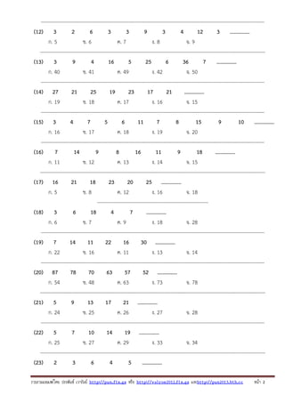 รวบรวมเผยแพรโดย ประพันธ เวารัมย http://pun.fix.gs หรือ http://valrom2012.fix.gs และhttp://pun2013.bth.cc หนา 2
---------------------------------------------------------------------------------------------------------------------------------------
(12) 3 2 6 3 3 9 3 4 12 3 ...............
ก. 5 ข. 6 ค. 7 ง. 8 จ. 9
----------------------------------------------------------------------------------------------------------------------------------------
(13) 3 9 4 16 5 25 6 36 7 ...............
ก. 40 ข. 41 ค. 49 ง. 42 จ. 50
---------------------------------------------------------------------------------------------------------------------------------------
(14) 27 21 25 19 23 17 21 ...............
ก. 19 ข. 18 ค. 17 ง. 16 จ. 15
---------------------------------------------------------------------------------------------------------------------------------------
(15) 3 4 7 5 6 11 7 8 15 9 10 ...............
ก. 16 ข. 17 ค. 18 ง. 19 จ. 20
---------------------------------------------------------------------------------------------------------------------------------------
(16) 7 14 9 8 16 11 9 18 ...............
ก. 11 ข. 12 ค. 13 ง. 14 จ. 15
----------------------------------------------------------------------------------------------------------------------------------------
(17) 16 21 18 23 20 25 ...............
ก. 5 ข. 8 ค. 12 ง. 16 จ. 18
-------------------------------------------------------------------
(18) 3 6 18 4 7 ...............
ก. 6 ข. 7 ค. 9 ง. 18 จ. 28
---------------------------------------------------------------------------------------------------------------------------------------
(19) 7 14 11 22 16 30 ...............
ก. 22 ข. 16 ค. 11 ง. 13 จ. 14
---------------------------------------------------------------------------------------------------------------------------------------
(20) 87 78 70 63 57 52 ...............
ก. 54 ข. 48 ค. 63 ง. 73 จ. 78
----------------------------------------------------------------------------------------------------------------------------------------
(21) 5 9 13 17 21 ...............
ก. 24 ข. 25 ค. 26 ง. 27 จ. 28
---------------------------------------------------------------------------------------------------------------------------------------
(22) 5 7 10 14 19 ...............
ก. 25 ข. 27 ค. 29 ง. 33 จ. 34
----------------------------------------------------------------------------------------------------------------------------------------
(23) 2 3 6 4 5 ...............
 