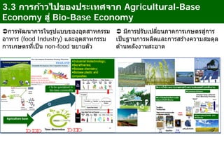 3.3 การก้าวไปของประเทศจาก Agricultural-Base
Economy สู่ Bio-Base Economy
การพัฒนาการในรูปแบบของอุตสาหกรรม
อาหาร (food Industry) และอุตสาหกรรม
การเกษตรที่เป็น non-food ขยายตัว
 มีการปรับเปลี่ยนภาคการเกษตรสู่การ
เป็นฐานการผลิตและการสร ้างความสมดุล
ด ้านพลังงานสะอาด
 