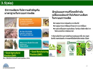 22
ที่มา: ดัดแปลงจากมนตรี คงตระกูลเทียน 2554
3.5(ต่อ)
สถาบันคลังสมองของชาติ
การผลิตจะให้ความสําคัญกับ
มาตรฐานในระบบการผลิต
รูปแบบการบริโภคที่กําลัง
เปลี่ยนแปลงทําให้เกิดทางเลือก
ในระบบการผลิต
 