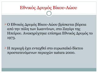 Εθνικός Δρυμός Βίκου-Αώου
Ο Εθνικός Δρυμός Βίκου-Αώου βρίσκεται βόρεια
από την πόλη των Ιωαννίνων, στο Ζαγόρι της
Ηπείρου. Ανακηρύχτηκε επίσημα Εθνικός Δρυμός το
1973.
Η περιοχή έχει ενταχθεί στο ευρωπαϊκό δίκτυο
προστατευόμενων περιοχών natura 2000.
 