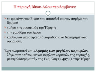 Η περιοχή Βίκου-Αώου περιλαμβάνει:
 το φαράγγι του Βίκου που αποτελεί και τον πυρήνα του
δρυμού
 τμήμα της οροσειράς της Τύμφης
 την χαράδρα του Αώου
 καθώς και μία σειρά από παραδοσιακά διατηρημένους
οικισμούς.
Έχει ονομαστεί και «Δρυμός των μεγάλων κορυφών»,
λόγω των απότομων και υψηλών κορυφών της περιοχής,
με υψηλότερη αυτήν της Γκαμίλας (2.497μ.) στην Τύμφη.
 